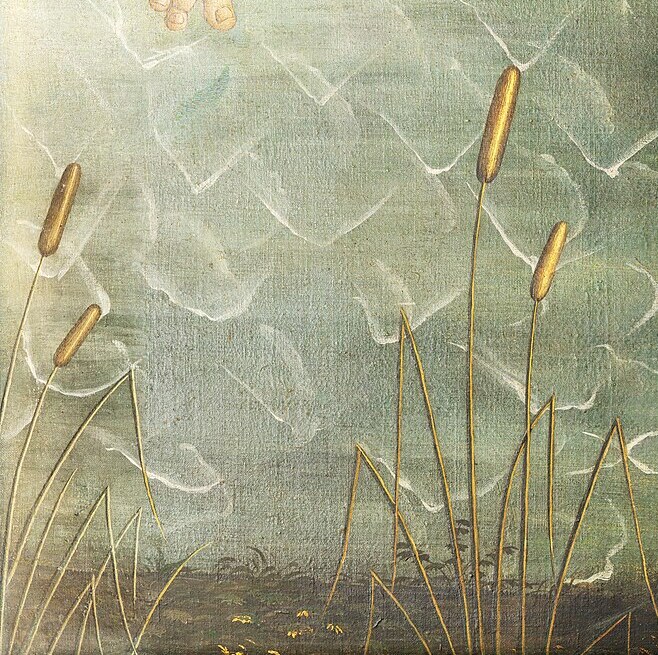 Tall bulrushes at the water's edge in the lower left corner