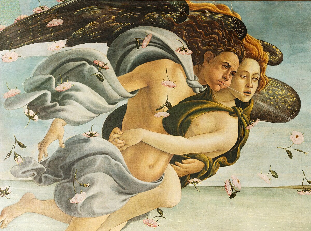 Two winged figures entwined in the air at the left, blowing, surrounded by falling roses