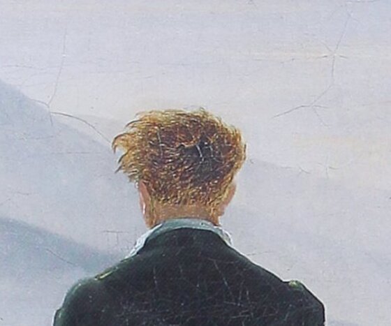 Detail of the wanderer's red-blond hair blown by the wind