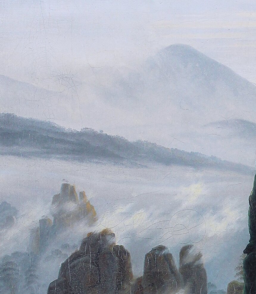 The pale mountain on the left of the painting, half dissolved in haze