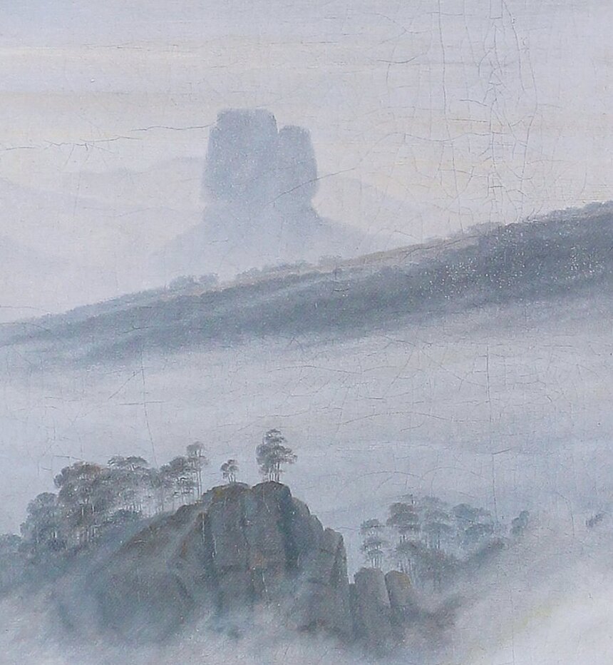 The Zirkelstein rock rising out of the fog on the right of the painting