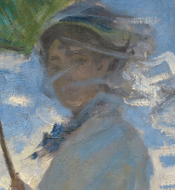 Camille Monet's face under the parasol, seen through a wind-blown veil