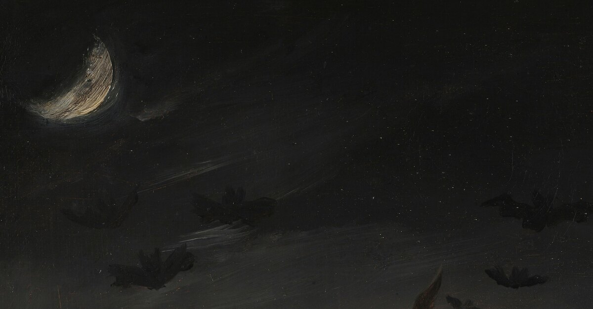 The crescent moon in a dark sky with bats flying across it