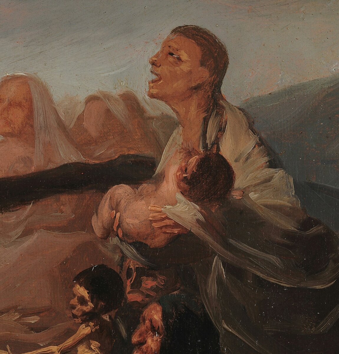 A young woman in a shawl holding up a plump baby toward the goat