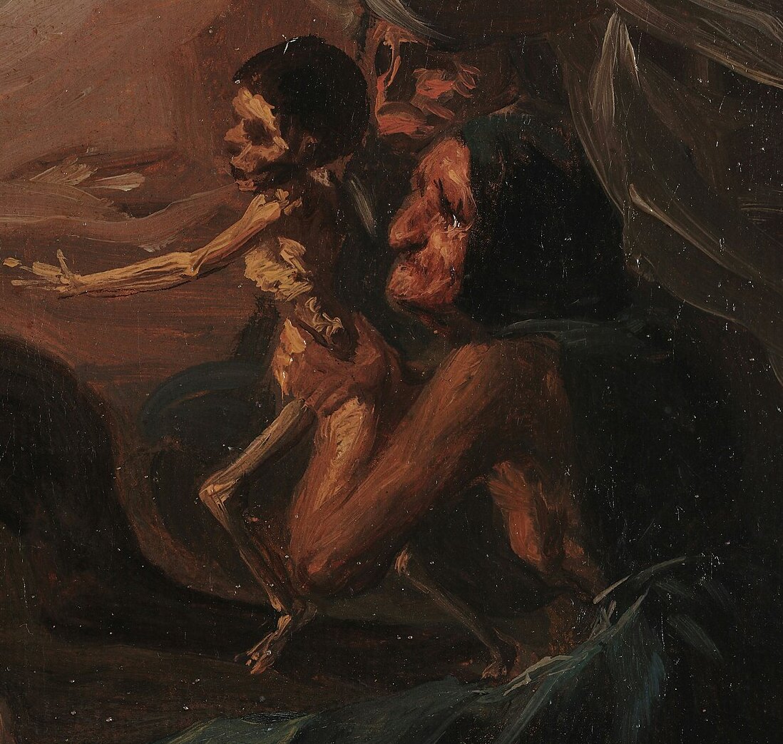 A starved grey child with a skull-like face held by an old witch, reaching toward the goat