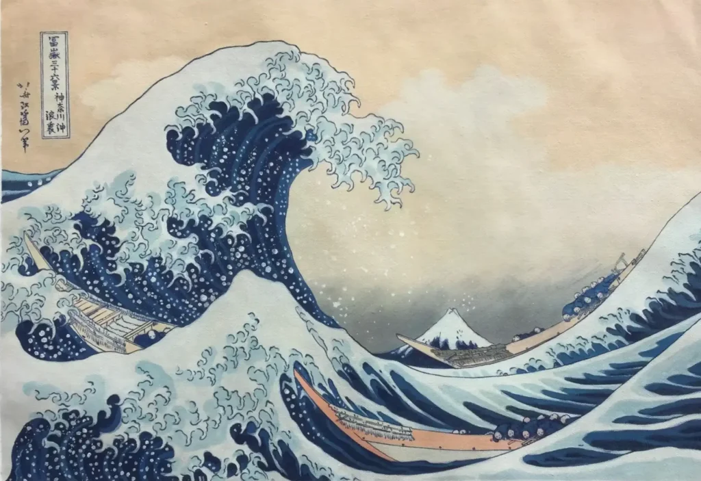 The Great Wave off Kanagawa by Hokusai — studio photograph shown with a Black frame preview, hand-painted oil painting reproduction