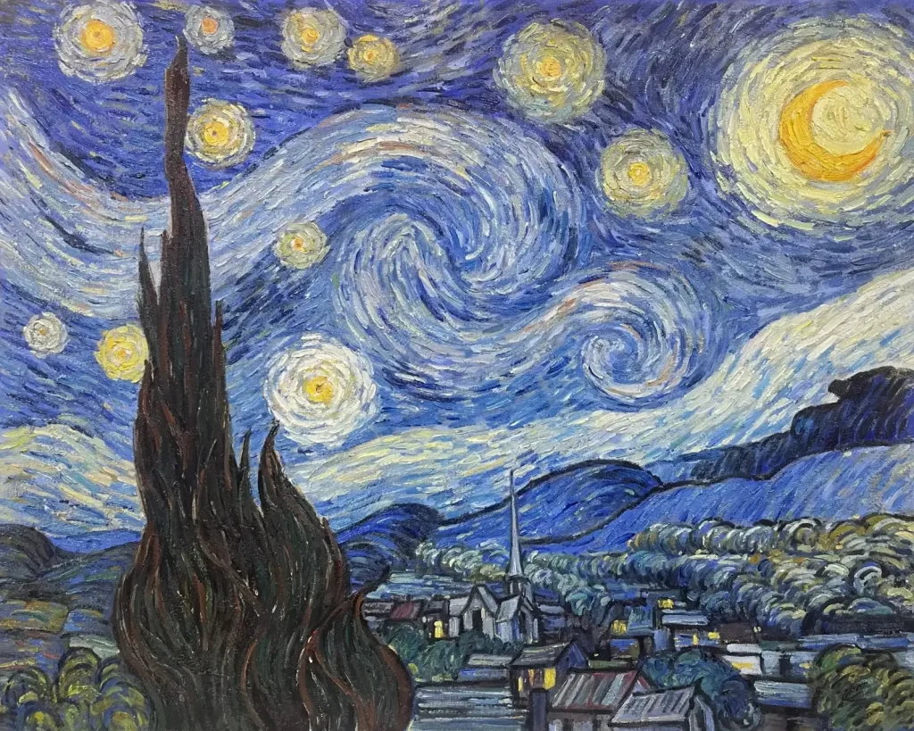 A finished ByMuseum oil painting of The Starry Night, photographed in the studio