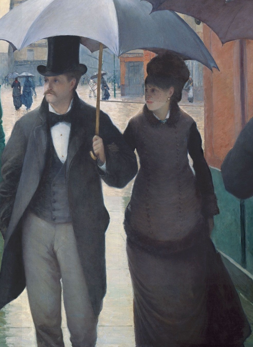 Couple beneath an umbrella approaching a cropped passer-by in Paris Street; Rainy Day