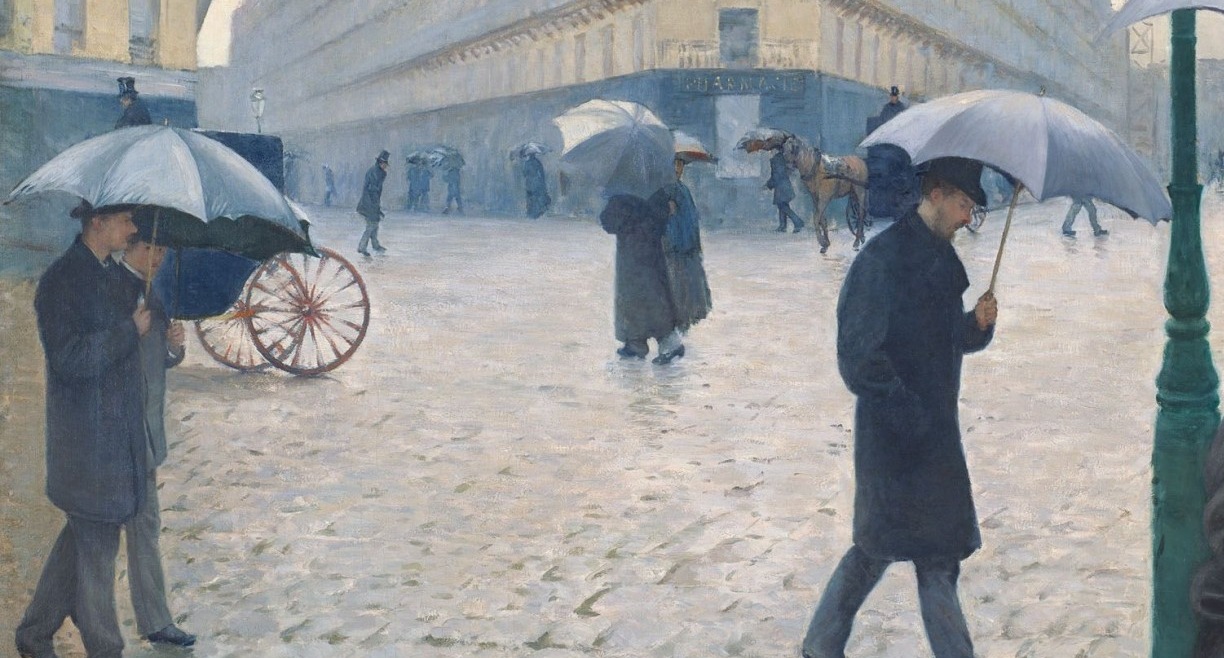 Separate pedestrians and umbrellas recede across Caillebotte’s Paris junction