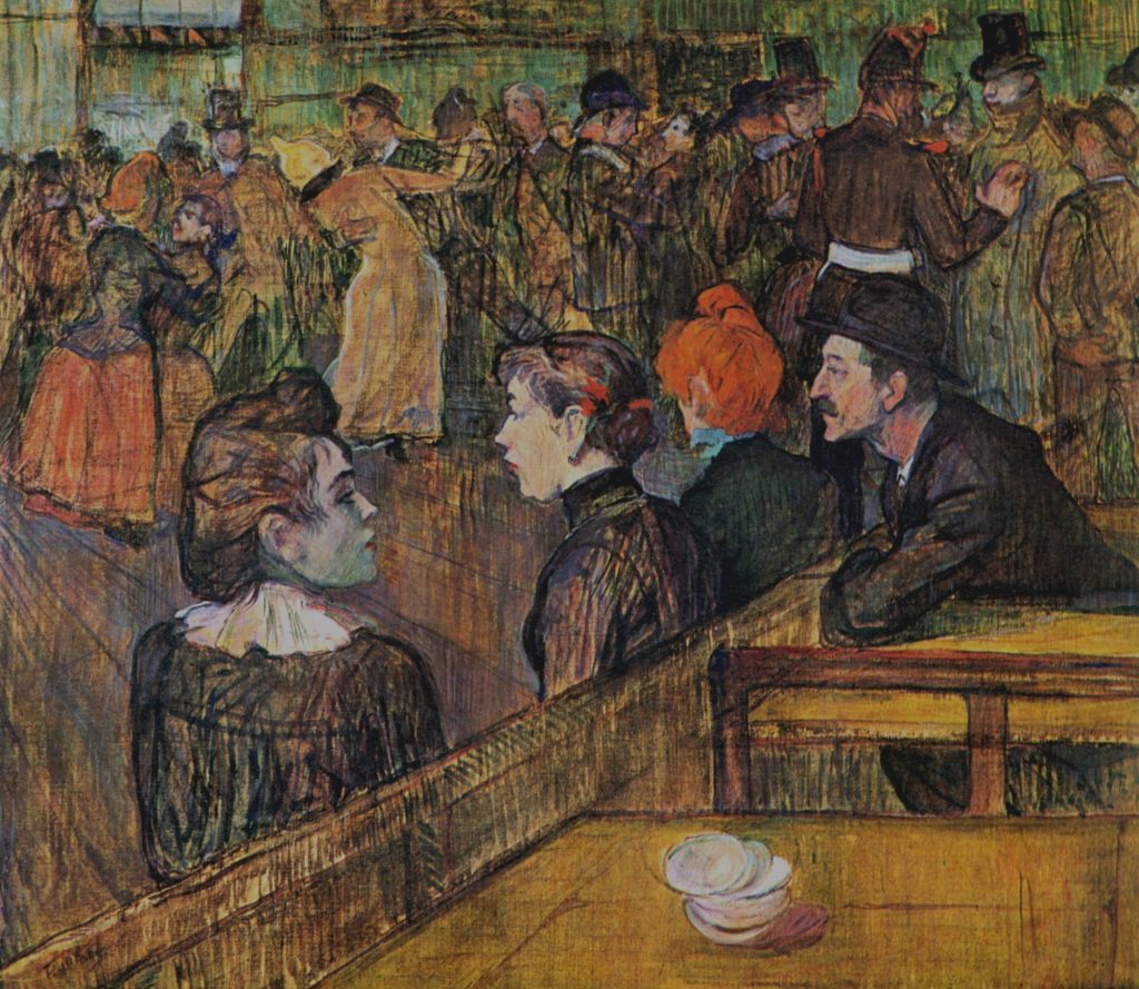At the Moulin de la Galette by Henri de Toulouse-Lautrec, people drinking and watching the dancers in a crowded Montmartre dance hall, a man in a bowler hat in the foreground