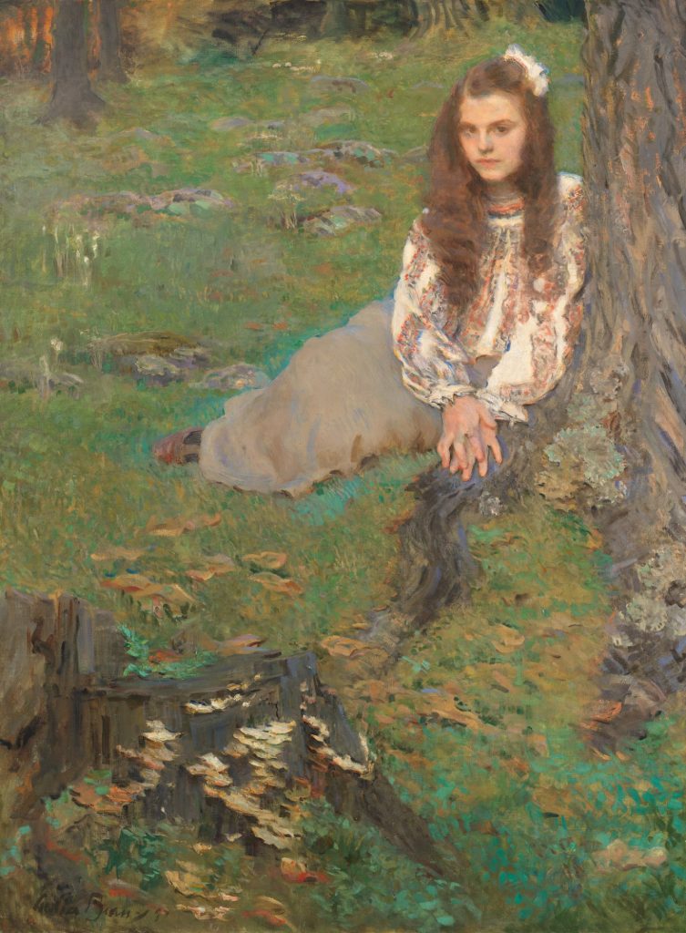 Cecilia Beaux's Dorothea in the Woods, a young woman in white seated by a tree in a green woodland