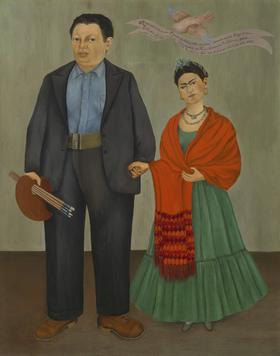 Frida Kahlo, Frieda and Diego Rivera, 1931: Diego, large, holding a palette, and Frida, small, holding his hand