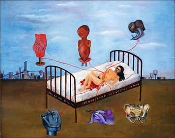 Frida Kahlo, Henry Ford Hospital, 1932: Frida on a hospital bed in an empty landscape, ribbons linking her to six floating objects