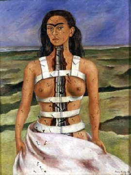 Frida Kahlo, The Broken Column, 1944: Frida with her body split open to show a broken stone column, held by a white corset and pierced with nails