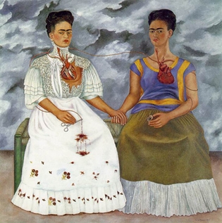 Frida Kahlo, The Two Fridas, 1939: two Fridas holding hands under a stormy sky, their hearts exposed and joined by a vein