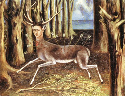 Frida Kahlo, The Wounded Deer, 1946: a stag with Frida's head running through a forest, pierced by arrows