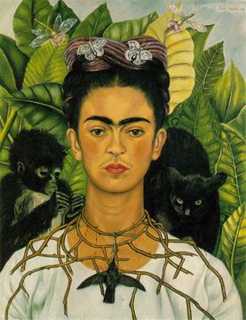 Frida Kahlo, Self-Portrait with Thorn Necklace and Hummingbird, 1940: Frida with a necklace of thorns and a dead hummingbird, a monkey and a black cat behind her