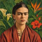 Portrait of Frida Kahlo in her Mexican modernist self-portrait style
