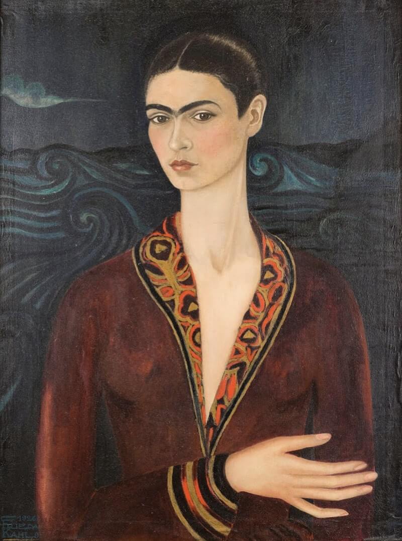 Frida Kahlo, Self-Portrait in a Velvet Dress, 1926: Frida with a long neck in a dark red velvet dress against a dark sea