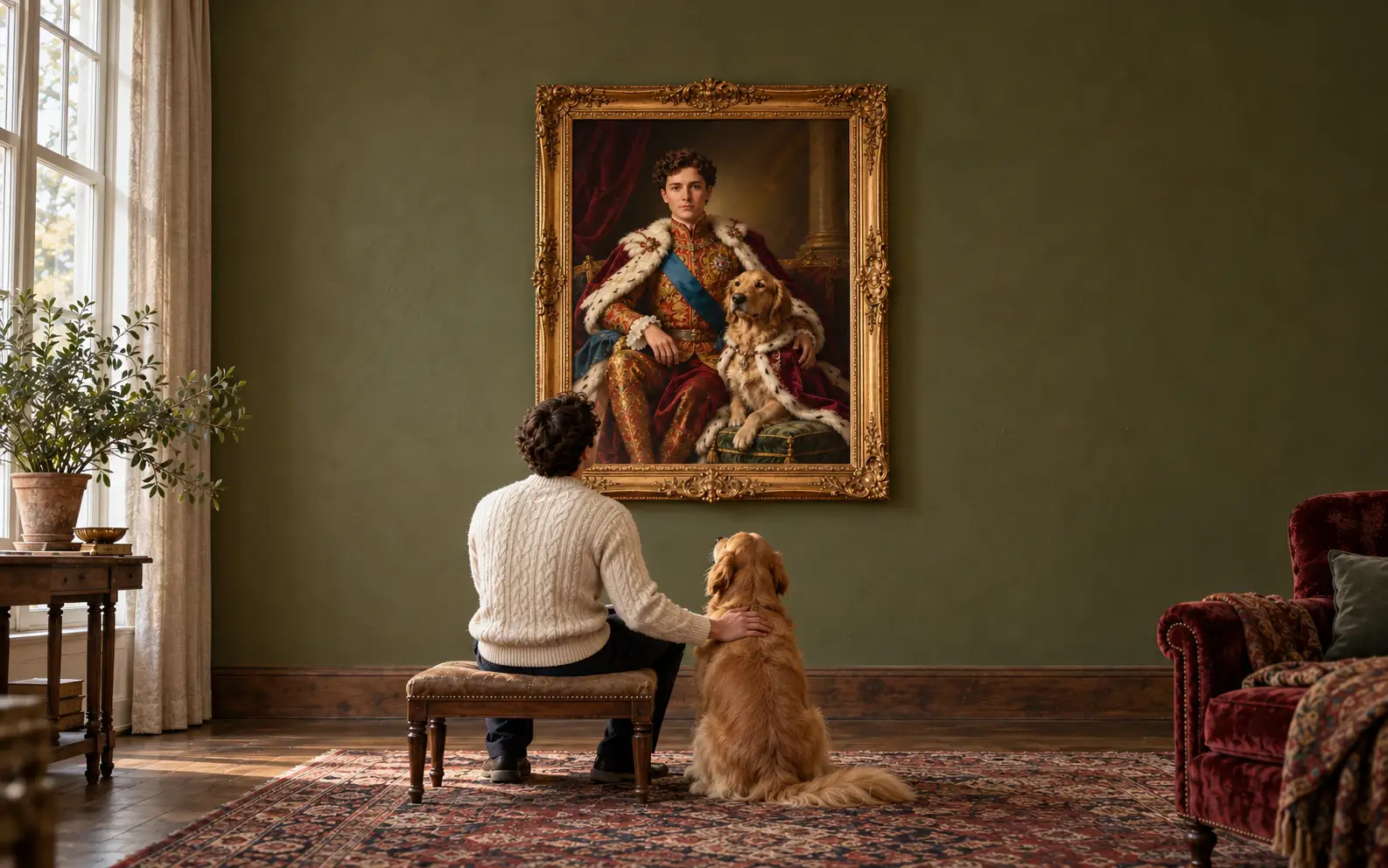 Hand-painted royal oil portrait of a man and his golden retriever, painted from a photo