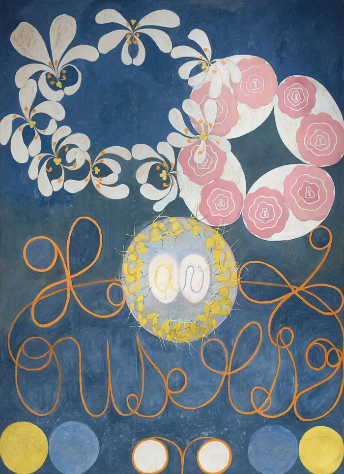 Hilma af Klint, The Ten Largest, No. 1, Childhood, with floral shapes and looping orange lines on blue