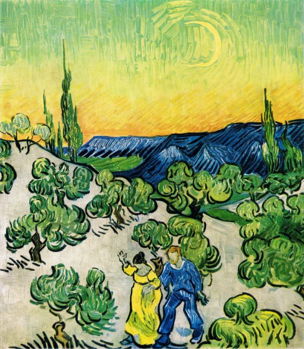 Landscape with Couple Walking and Crescent Moon by Vincent Van Gogh