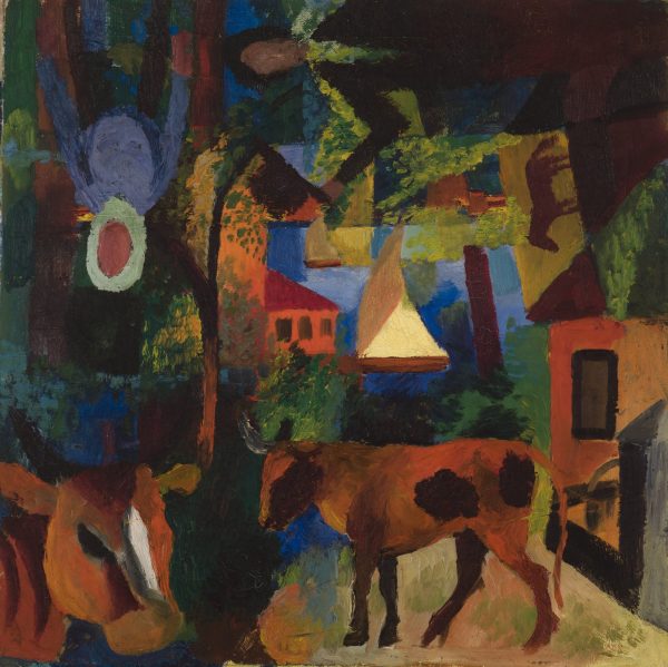 Landscape With Cows, Sailing Boat, And Figures by August Macke