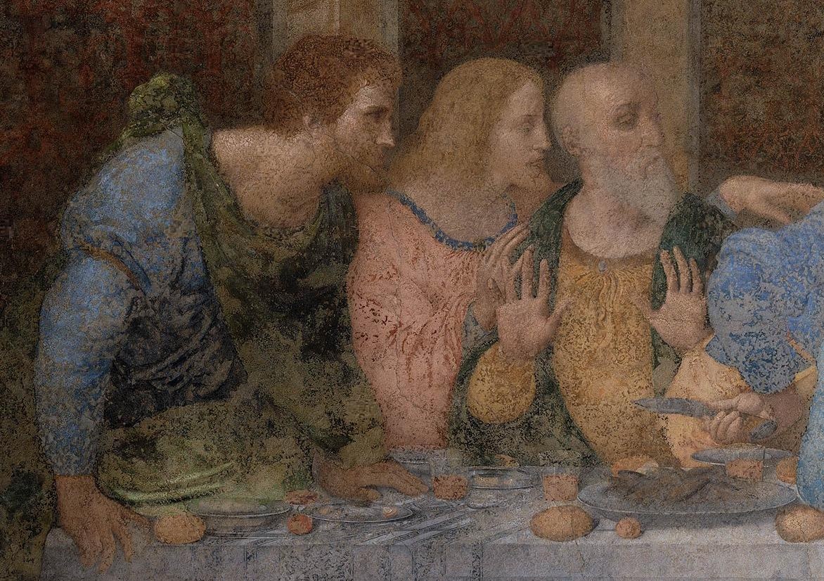 Bartholomew, James the Less and Andrew at the left end of The Last Supper, Andrew raising both hands