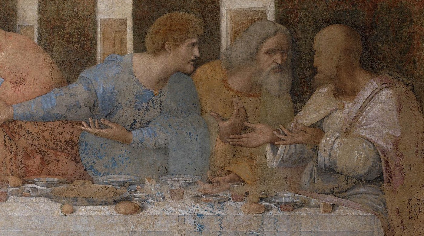 Matthew, Jude Thaddeus and Simon the Zealot at the right end of The Last Supper, turned toward each other in discussion