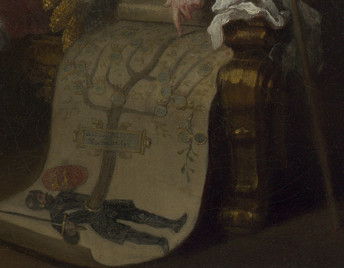 The family tree on a long scroll, its trunk growing from a figure in armour