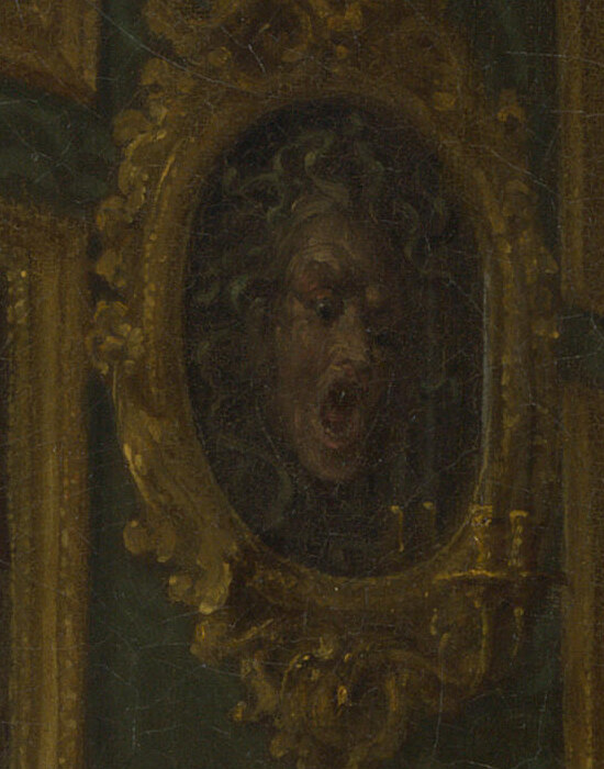 A round gilt frame holding a painting of Medusa screaming with snakes in her hair