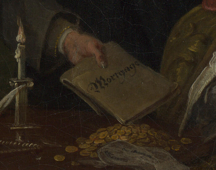 A document marked Mortgage held over a heap of gold coins beside a candle