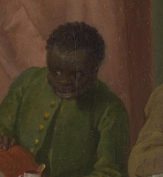 A servant in green offering cups of chocolate