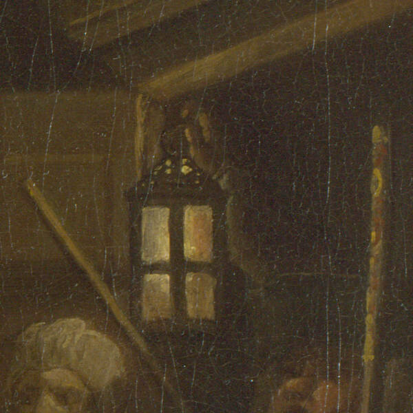 The night watchman's lantern held up in the dark doorway