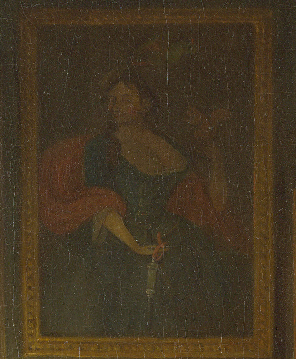 A portrait of a woman holding a squirrel hanging on the dark wall