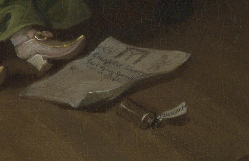 A printed sheet headed Counsellor Silvertongue's Last Dying Speech beside a small empty bottle