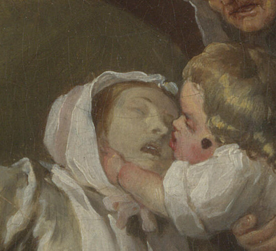 The child reaching up to the Countess's face as she sits slumped