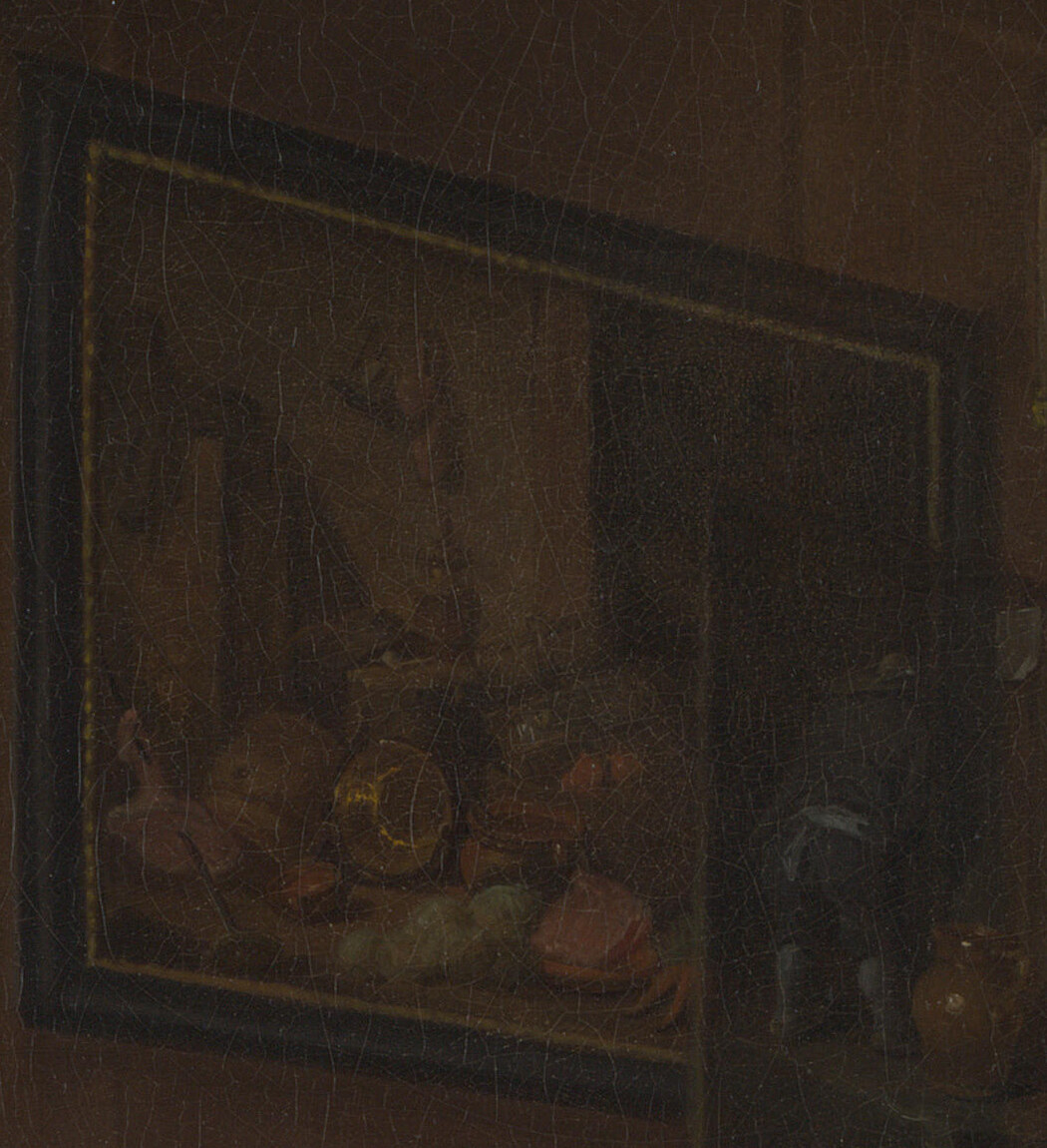 A dark Dutch painting of a kitchen interior in a plain frame