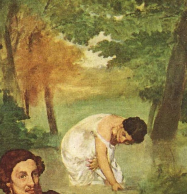 A woman in a pale garment bends near water behind Manet’s foreground group