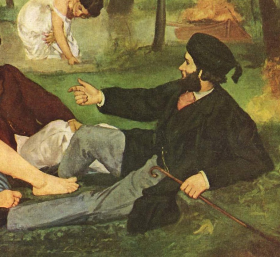 Two clothed men and a speaking gesture in Luncheon on the Grass
