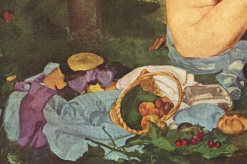Tipped basket, fruit and discarded fabric in the foreground of Luncheon on the Grass