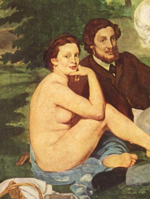 Seated nude woman looks outward in Manet’s Luncheon on the Grass