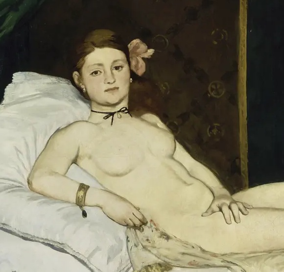 Olympia’s outward gaze and her left hand resting firmly across her body in Manet’s painting