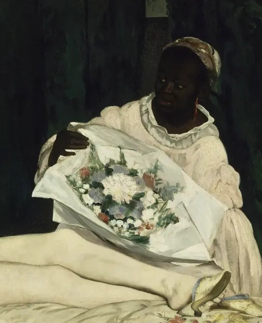 Laure holds a bouquet wrapped in pale paper beside Olympia