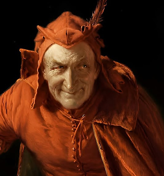Detail of Mephisto's lined face, sharp eyes and restrained smile in Grützner's 1895 painting