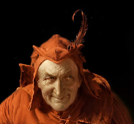Detail of Mephisto's pointed red cap and curling feather in Eduard von Grützner's painting