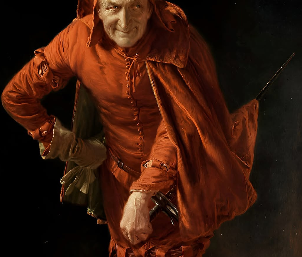 Detail of Mephisto's worn red costume, cloak and sword in Eduard von Grützner's painting