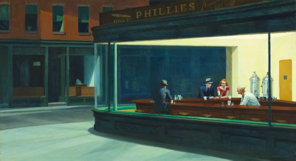 Edward Hopper’s Nighthawks, showing four people in a brightly lit diner beside an empty city street