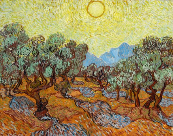 Olive Trees with Yellow Sky and Sun by Vincent Van Gogh