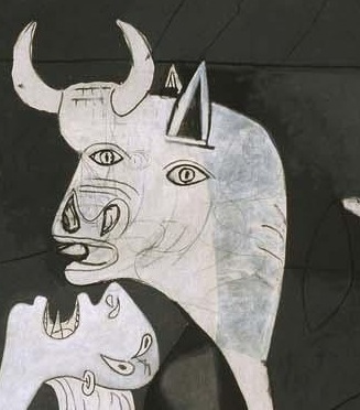 The bull’s horns, head and heavy neck occupy the left-hand enclosure.